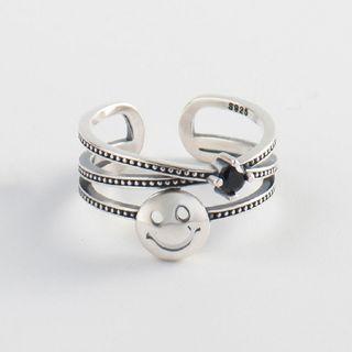 925 Sterling Silver Smiley Faux Crystal Layered Open Ring