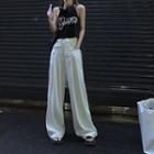 Halter Letter Print Tank Top / High Waist Pleated Plain Wide-leg Pants