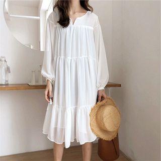 Plain V-neck Long-sleeve Chiffon Dress