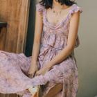 Set: Sleeveless Ruffle-trim Floral Print Crop Top + Wide-leg Pants