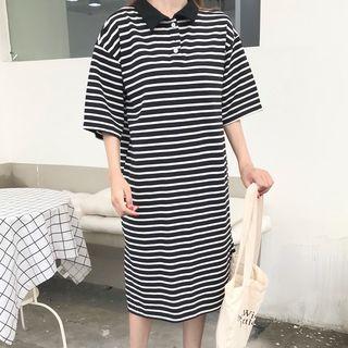 Pinstriped Short-sleeve Midi Polo Dress