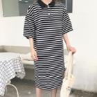 Pinstriped Short-sleeve Midi Polo Dress