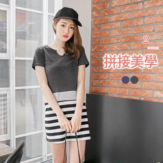 Stripe-paneled Notched Neck T-shirt Dress