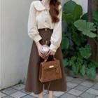 Long-sleeve Peter Pan Collar Shirt / High-waist Silt-front A-line Midi Skirt