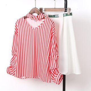 Set: Striped Long-sleeve Blouse + A-line Skirt