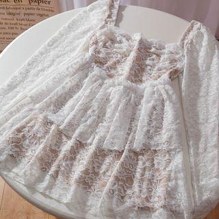 Long-sleeve Square-neck Lace Tiered Mini A-line Dress