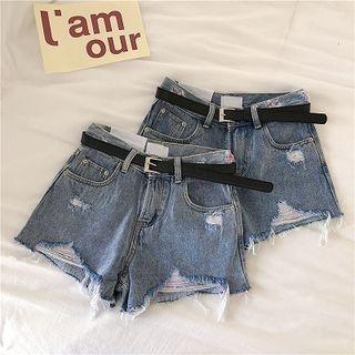 Check Panel Distressed Denim Shorts With Belt