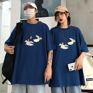Couple Matching Angel Print Elbow-sleeve T-shirt Dark Blue - One Size