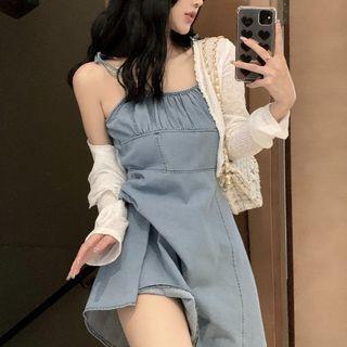 Spaghetti Strap Shirred A-line Dress / Cardigan