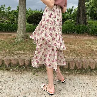 Layered Frill-hem Floral Chiffon Skirt