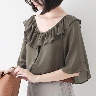 Plain Frill Trim Elbow Sleeve Blouse