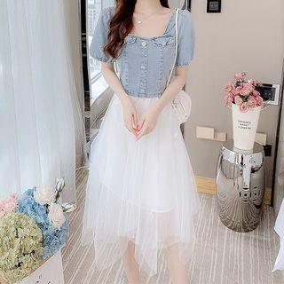 Short-sleeve Mesh Panel Denim Dress