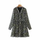 V-neck Long-sleeve Floral Print Pleated Mini Dress
