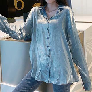 Long-sleeve Wet-look Loose-fit Shirt