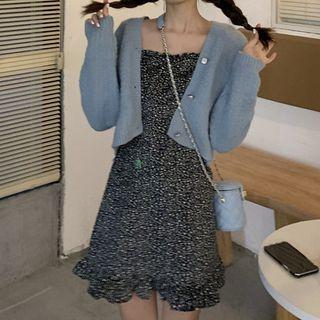 Cropped Cardigan / Spaghetti Strap Floral Print Dress