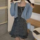 Cropped Cardigan / Spaghetti Strap Floral Print Dress