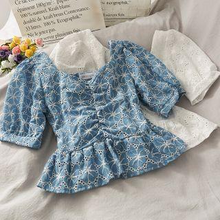 Eyelet Wide-neck Ruched Crop Top