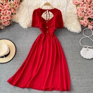 Plain Open Back Short Sleeve Maxi Dress