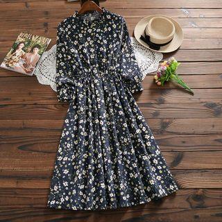 Floral Long-sleeve Midi A-line Corduroy Dress