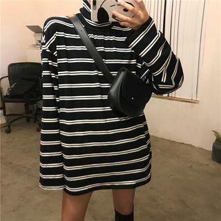 Striped Long-sleeve Mock Neck T-shirt Stripes - Black & White - One Size