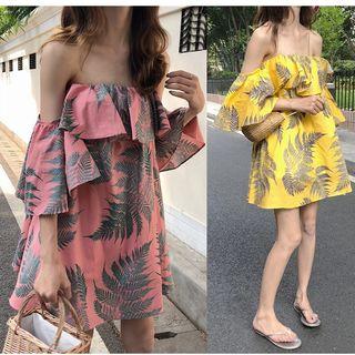 Leaf Off Shoulder Elbow Sleeve Dress