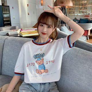 Short-sleeve Contrast Trim Bear Printed T-shirt