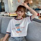 Short-sleeve Contrast Trim Bear Printed T-shirt