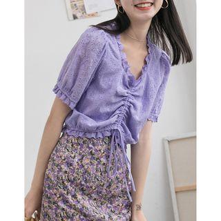 Short-sleeve Drawstring Eyelet Lace Blouse