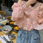 Long-sleeve Off-shoulder Shirred Chiffon Crop Top