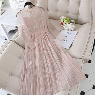 Set: Flower Detail Long-sleeve Midi A-line Dress + Slipdress