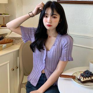 Short-sleeve Ruffled Ribbed Cardigan