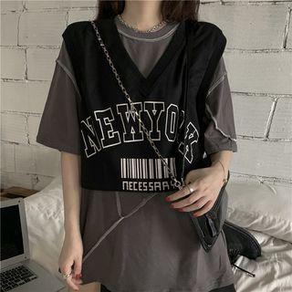 Short-sleeve Contrast Trim T-shirt / Lettering Tank Top