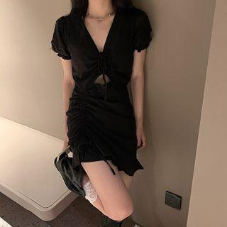 Set: Short-sleeve Drawstring Blouse + A-line Skirt Black - One Size