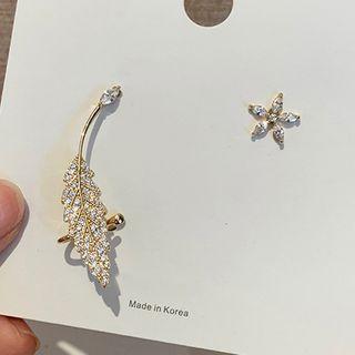 Non-matching Rhinestone Flower & Leaf Earring 1 Pair - 925 Silver Needle - One Size