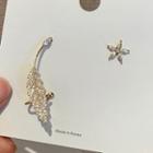 Non-matching Rhinestone Flower & Leaf Earring 1 Pair - 925 Silver Needle - One Size