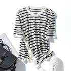 Short-sleeve Button-up Striped T-shirt