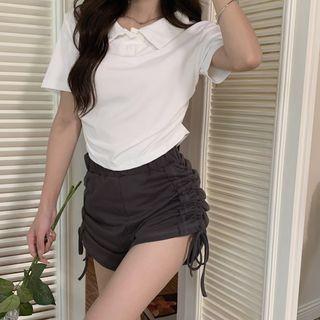 Short-sleeve Plain Polo Collar Top / Plain Drawstring Shorts