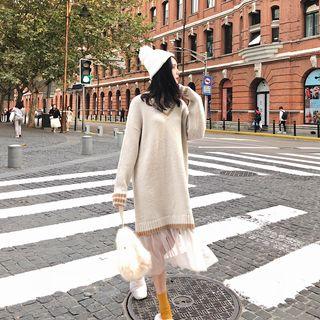 Mock Two-piece Mesh-panel Knit Dress Almond - One Size