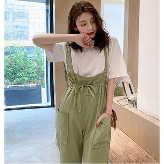 Wide Leg Suspender Pants / Short-sleeve Lettering T-shirt
