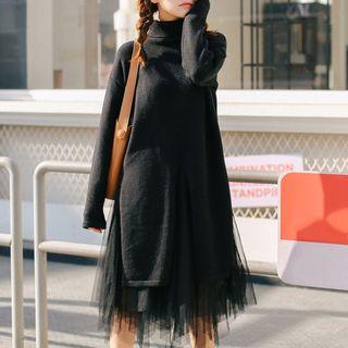 Turtleneck Split-hem Long Sweater/ Midi A-line Mesh Skirt