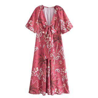 Short-sleeve Tie-front Floral Midi Smock Dress