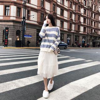 Set: Striped Sweater + Mesh Midi Skirt As Shown In Figure - One Size