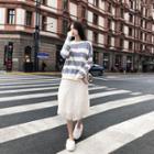 Set: Striped Sweater + Mesh Midi Skirt As Shown In Figure - One Size