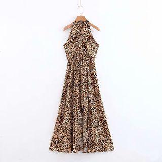 Leopard Halter Midi A-line Dress