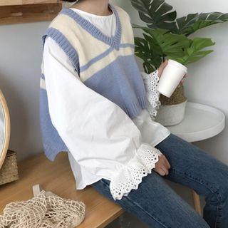 Bell-sleeve Perforated Top / Knit Vest