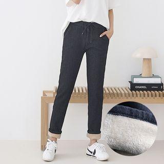 Drawstring-waist Fleece-lined Straight-cut Jeans
