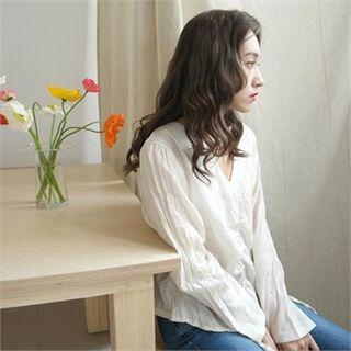 Drawstring-trim Crinkled V-neck Top
