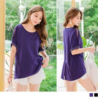 Crochet Panel Beaded Short-sleeve Chiffon Top
