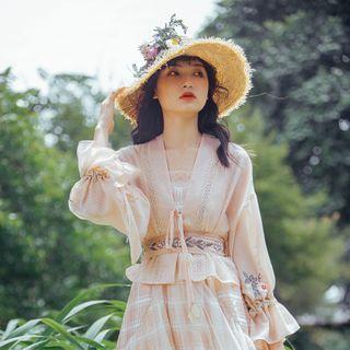 Flared-cuff Floral Embroidered Cropped Blouse With Belt - Light Orange - One Size