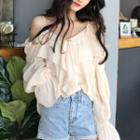 Cold-shoulder Ruffle-trim Blouse Almond - One Size